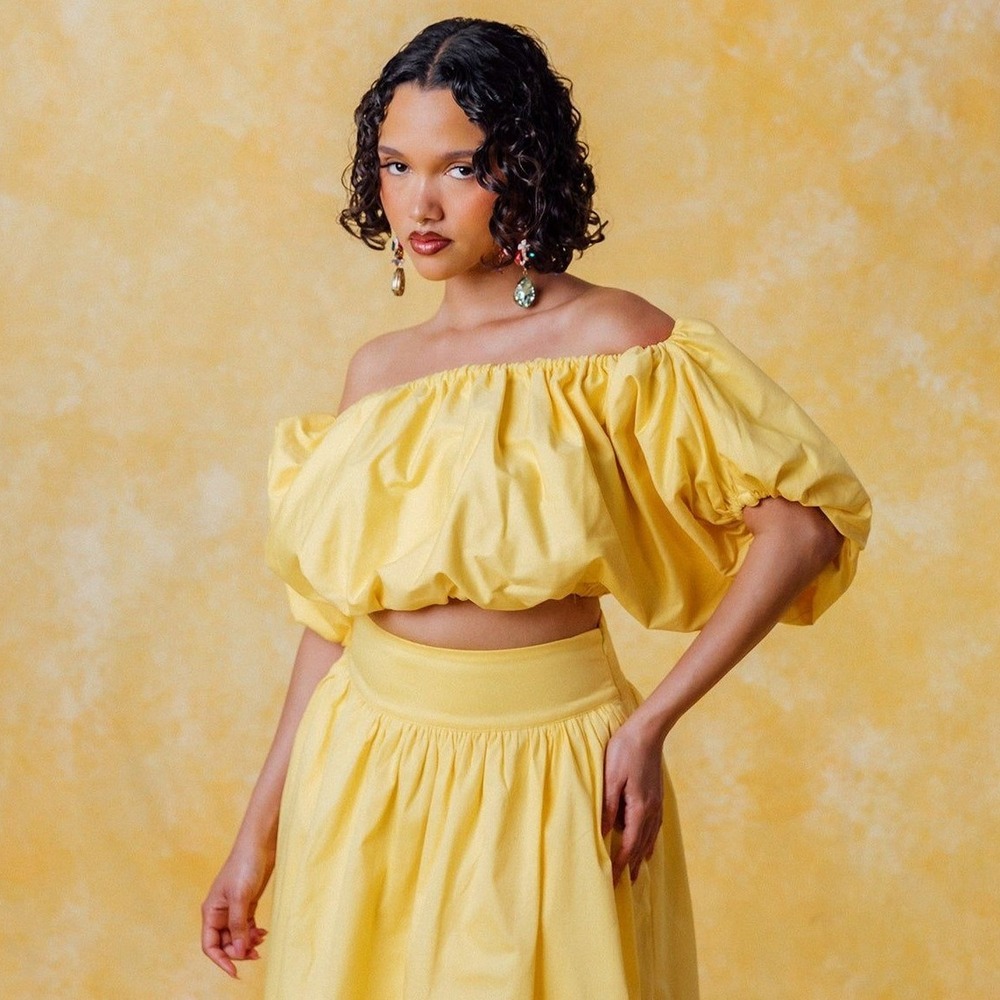 KAI Collective Amaya Puff Sleeve Gathered Crop Top Yellow Large NWT